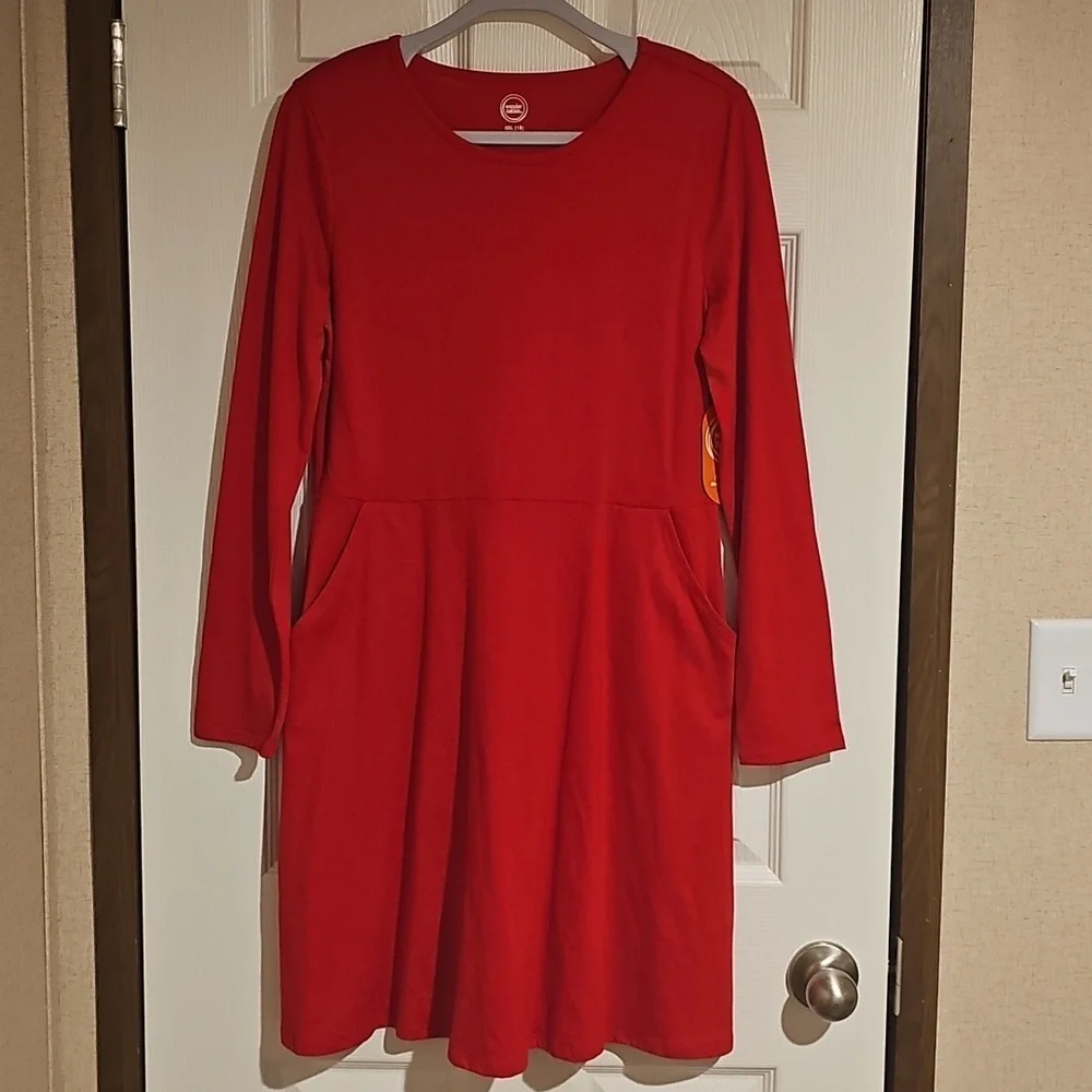 Wonder Nation Girls XXL 18 Long Sleeves Red Dress with Pockets New